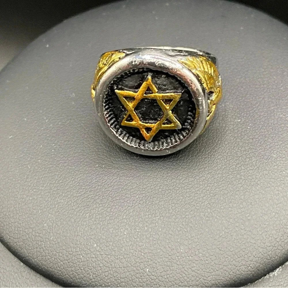 Gold Plated Stainless Steel 6 Point Star Ring with Eagle Design Size 8